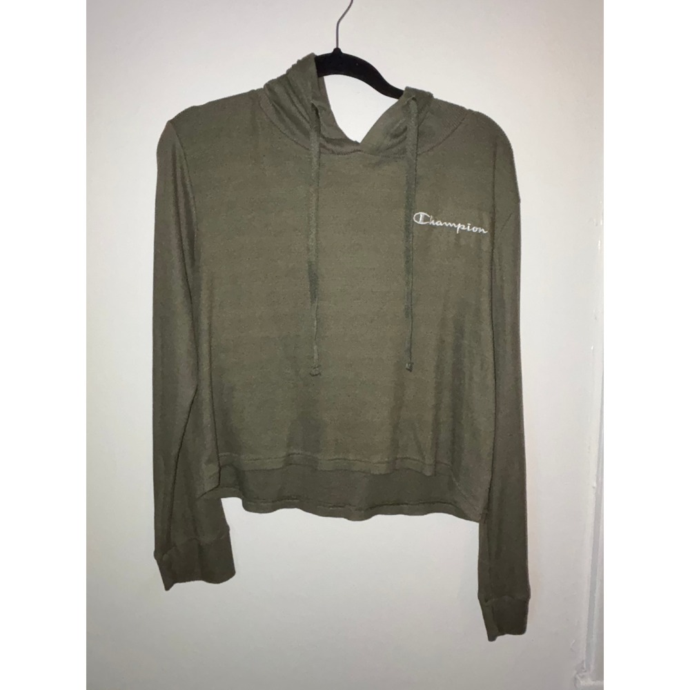 Champion Hoodie Womens Sz L Olive Green Excellent Cropped Waffle Knit Sweatshirt